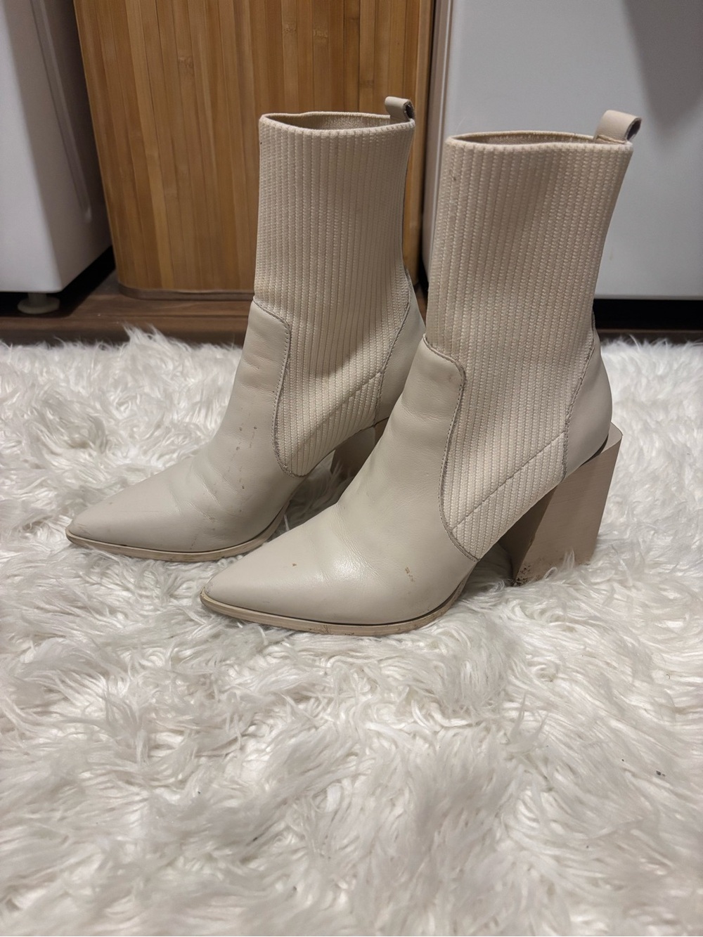 Steve Madden Cream Pointed Toe Sock Ankle Boots with Block Heel